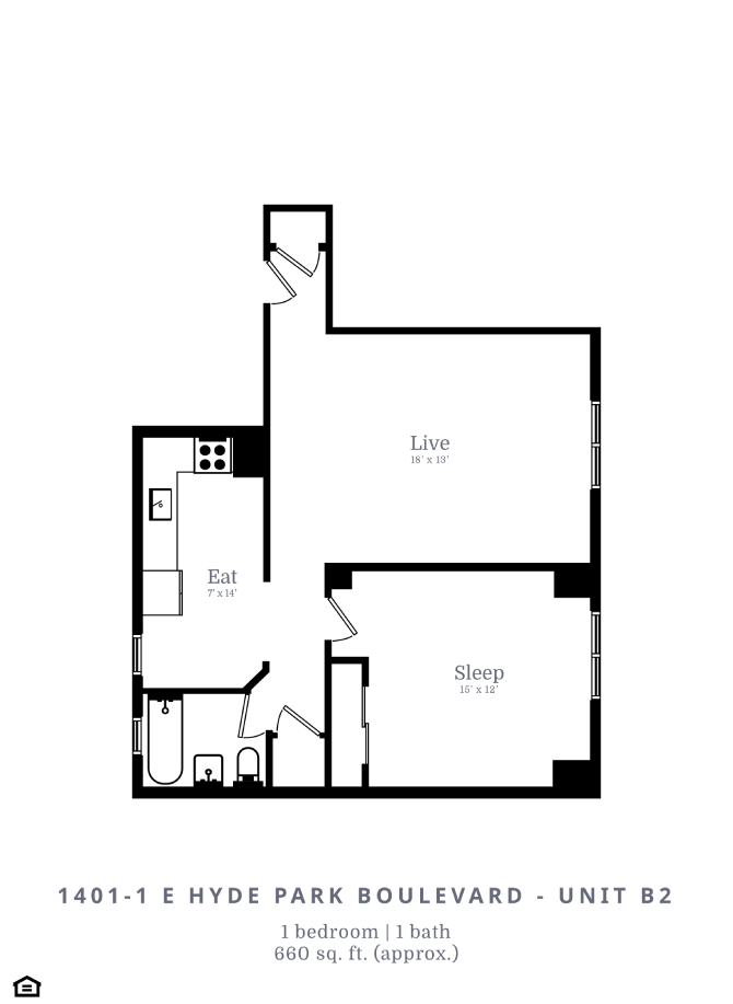 Floor plan for 1 bed, 1 bath, 660 sqft